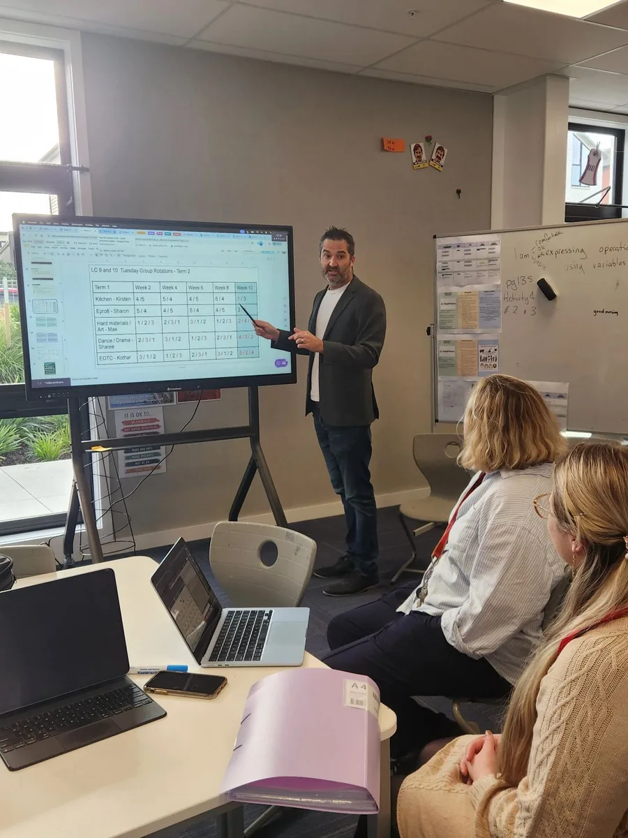 David Campton leading an Edtex LEARN training session for teachers at an interactive panel, Hobsonville Point Primary