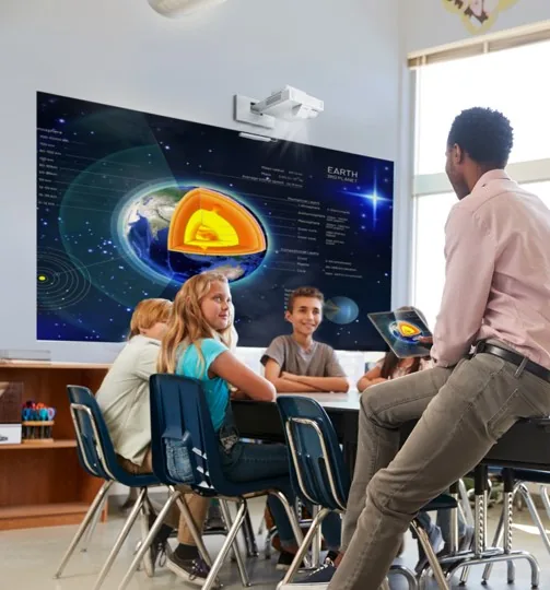 Ceiling-mounted projector in a NZ school classroom