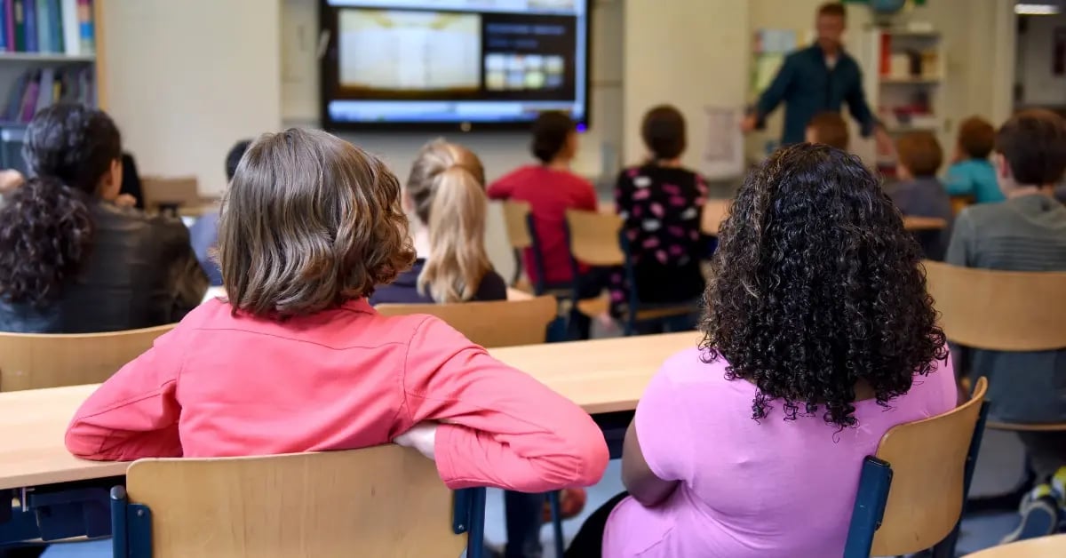 Students in a New Zealand classroom viewing a digital lesson on an interactive panel, showing modern AV teaching without casting or laptop use.