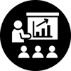Icon representing AV solutions – educator presenting data on a screen to a group, symbolising classroom and school-wide audiovisual setups.